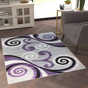 emma + oliver helix 4×5 scraped look ultra soft plush pile olefin accent rug in purple, gray, black and white swirl pattern, jute backing