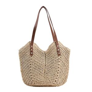 NIBD Hand-woven Soft Large Straw Shoulder Bag Retro Boho Tote Bags Summer Beach Woven bag Rattan Handbag (Off-white)