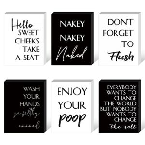 6 pcs farmhouse bathroom decor wooden funny bathroom signs shelf decor home rustic guest restroom vintage decor with humorous sayings accent black white art sign for bathroom restroom spa washroom