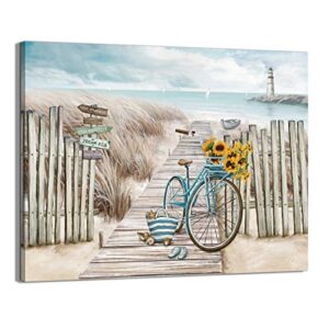 laiart beach canvas wall art for bathroom with fence wooden path bike decor lighthouse print pictures artwork (11″x15″)