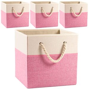 prandom large foldable cube storage bins 13×13 inch [4-pack] fabric linen storage baskets cubes drawer with cotton handles organizer for shelves toy nursery closet bedroom pink