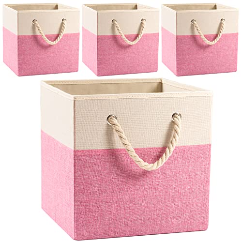 PRANDOM Large Foldable Cube Storage Bins 13x13 inch [4-Pack] Fabric Linen Storage Baskets Cubes Drawer with Cotton Handles Organizer for Shelves Toy Nursery Closet Bedroom Pink