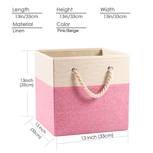PRANDOM Large Foldable Cube Storage Bins 13x13 inch [4-Pack] Fabric Linen Storage Baskets Cubes Drawer with Cotton Handles Organizer for Shelves Toy Nursery Closet Bedroom Pink