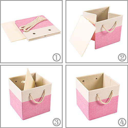PRANDOM Large Foldable Cube Storage Bins 13x13 inch [4-Pack] Fabric Linen Storage Baskets Cubes Drawer with Cotton Handles Organizer for Shelves Toy Nursery Closet Bedroom Pink