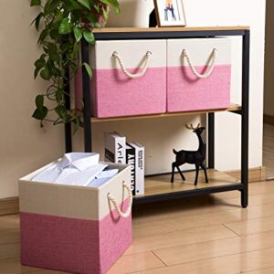 PRANDOM Large Foldable Cube Storage Bins 13x13 inch [4-Pack] Fabric Linen Storage Baskets Cubes Drawer with Cotton Handles Organizer for Shelves Toy Nursery Closet Bedroom Pink