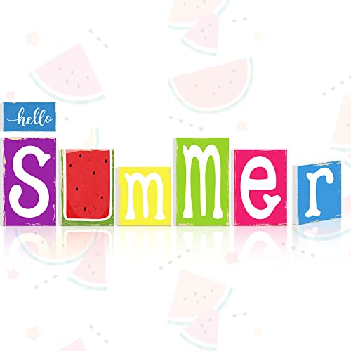 7 Pieces Summer Decor Wooden Summer Sign Summer Decorations for Home Hello Summer Blocks Rustic Summer Wood Block Sign Summer Tiered Tray Decor Home Decoration for Summer Kitchen Shelf(Rustic Style)