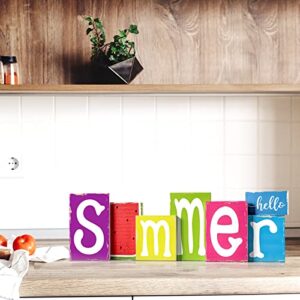 7 Pieces Summer Decor Wooden Summer Sign Summer Decorations for Home Hello Summer Blocks Rustic Summer Wood Block Sign Summer Tiered Tray Decor Home Decoration for Summer Kitchen Shelf(Rustic Style)