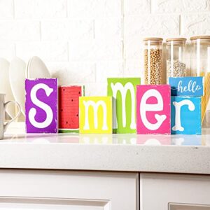 7 Pieces Summer Decor Wooden Summer Sign Summer Decorations for Home Hello Summer Blocks Rustic Summer Wood Block Sign Summer Tiered Tray Decor Home Decoration for Summer Kitchen Shelf(Rustic Style)