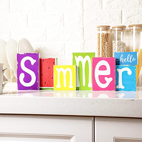 7 Pieces Summer Decor Wooden Summer Sign Summer Decorations for Home Hello Summer Blocks Rustic Summer Wood Block Sign Summer Tiered Tray Decor Home Decoration for Summer Kitchen Shelf(Rustic Style)