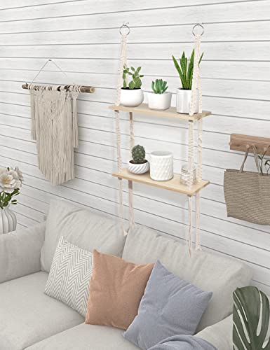 Sonefreiy Macrame Hanging Shelves 2 Tier, Natural Wood Farmhouse Window Plant Shelves Boho Wall Shelf with Hooks & Hardwares,for Bedroom Bathroom Kitchen Living Room