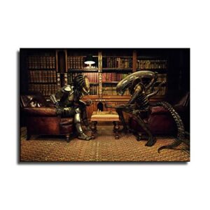 lyyiqy alien vs predator playing chess canvas art poster and wall art picture print modern family bedroom decor posters 16x24inch(40x60cm)