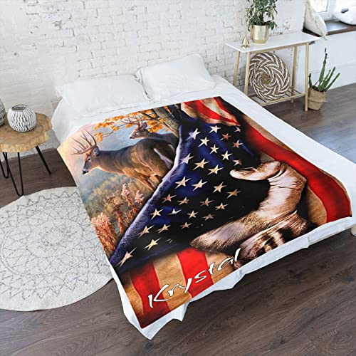 Personalized American Flag Deer Hunter Maple Leaf Blanket with Name Text Custom Super Soft Fleece Throw Blankets for Couch Sofa Bed 50 X 60 inches