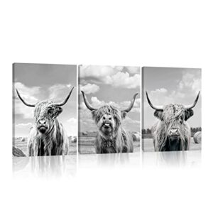 gdhbling grey highland cow wall art rustic wall art for bathroom farmhouse canvas wall art for living room 3 piece western bedroom wall art 12×16 inch