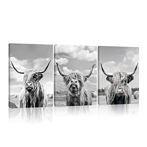 GDHBLING Grey Highland Cow Wall Art Rustic Wall Art for Bathroom Farmhouse Canvas Wall Art for Living Room 3 Piece Western Bedroom Wall Art 12x16 Inch