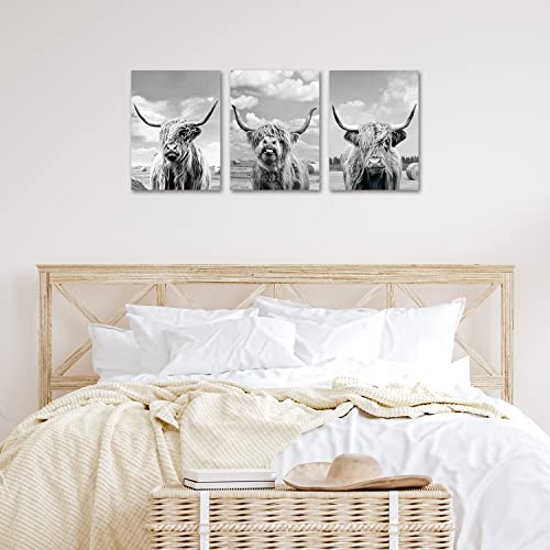 GDHBLING Grey Highland Cow Wall Art Rustic Wall Art for Bathroom Farmhouse Canvas Wall Art for Living Room 3 Piece Western Bedroom Wall Art 12x16 Inch