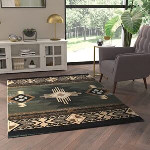 emma + oliver santa fe 5×7 sage olefin accent rug with complementary southwestern pattern in beige, black and brown and jute backing