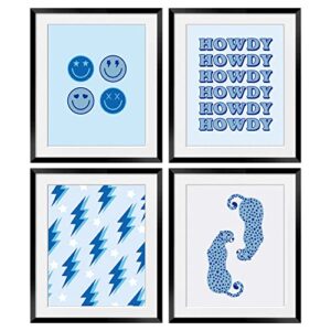 ogilre blue smiley face howdy preppy wall art decorations prints, lightning leopard boho poster, 8×10 inch 4 set unframed