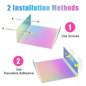 NiHome 2-Pack Medium Iridescent Acrylic Floating Shelves with Edge, 7.9"x4.5" Rainbow Ledge Shelf Adhesive & Screw Wall Mounting Phone Holder Shelf for Home Décor, Bathroom, Kitchen and Office