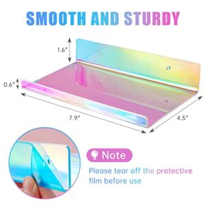 NiHome 2-Pack Medium Iridescent Acrylic Floating Shelves with Edge, 7.9"x4.5" Rainbow Ledge Shelf Adhesive & Screw Wall Mounting Phone Holder Shelf for Home Décor, Bathroom, Kitchen and Office