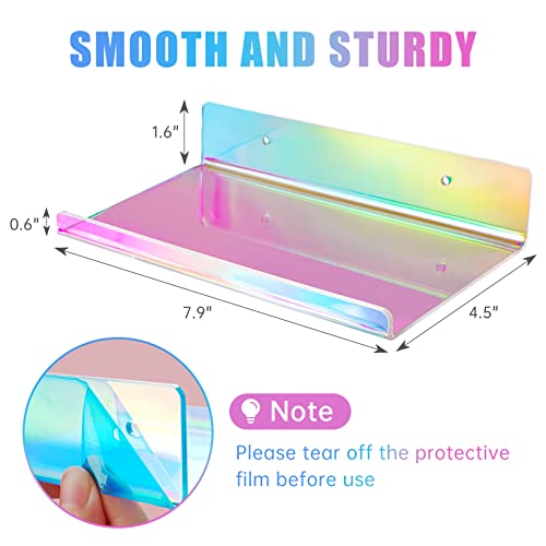 NiHome 2-Pack Medium Iridescent Acrylic Floating Shelves with Edge, 7.9"x4.5" Rainbow Ledge Shelf Adhesive & Screw Wall Mounting Phone Holder Shelf for Home Décor, Bathroom, Kitchen and Office