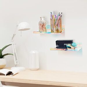 NiHome 2-Pack Medium Iridescent Acrylic Floating Shelves with Edge, 7.9"x4.5" Rainbow Ledge Shelf Adhesive & Screw Wall Mounting Phone Holder Shelf for Home Décor, Bathroom, Kitchen and Office