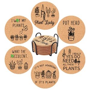 homento funny plant coasters for drinks absorbent with holder-plant gifts for plant lovers women,funny succulent gifts for gardeners,crazy plant lady gift,plant cork coasters with cork base,set of 6