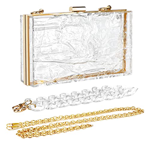 Women Acrylic Clutch Purse, Evening Clutch Crossbody Bag with Removable Gold Chain & Clear Handle, Staduim Approved Shoulder Crossbody Bag for Wedding Party Banquet, Clear