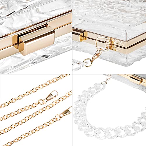 Women Acrylic Clutch Purse, Evening Clutch Crossbody Bag with Removable Gold Chain & Clear Handle, Staduim Approved Shoulder Crossbody Bag for Wedding Party Banquet, Clear