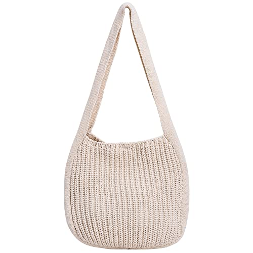 Women's Shoulder Handbags aesthetic Hand-Crochet Crossbody,Hand crocheted Bags, Knitted Textured Bag tote bag,Handmade Knit cute tote bags, For Shopping Beach Travel (White)