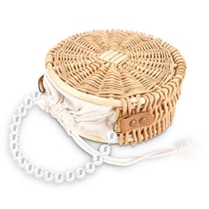 Welltop Round Rattan Bag, Beach Rattan Bag, Pearl Chain Bali Rattan Round Bag Straw Rattan Bags for Women Bohemian Straw Basket Wicker Handwoven Handbag Vacation Essential Cute Straw Totes