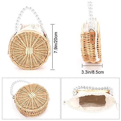 Welltop Round Rattan Bag, Beach Rattan Bag, Pearl Chain Bali Rattan Round Bag Straw Rattan Bags for Women Bohemian Straw Basket Wicker Handwoven Handbag Vacation Essential Cute Straw Totes