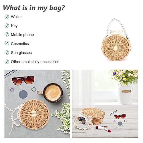 Welltop Round Rattan Bag, Beach Rattan Bag, Pearl Chain Bali Rattan Round Bag Straw Rattan Bags for Women Bohemian Straw Basket Wicker Handwoven Handbag Vacation Essential Cute Straw Totes