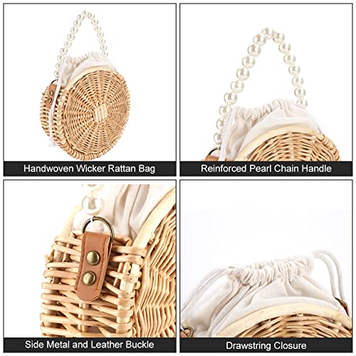 Welltop Round Rattan Bag, Beach Rattan Bag, Pearl Chain Bali Rattan Round Bag Straw Rattan Bags for Women Bohemian Straw Basket Wicker Handwoven Handbag Vacation Essential Cute Straw Totes