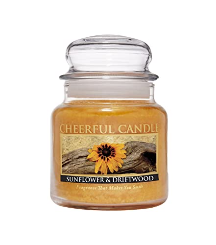 A Cheerful Giver - Sunflower & Driftwood - 16oz Medium Scented Candle Jar with Lid - Cheerful Candle - 80 Hours, Candles Gifts for Women, Yellow