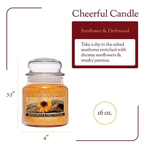 A Cheerful Giver - Sunflower & Driftwood - 16oz Medium Scented Candle Jar with Lid - Cheerful Candle - 80 Hours, Candles Gifts for Women, Yellow