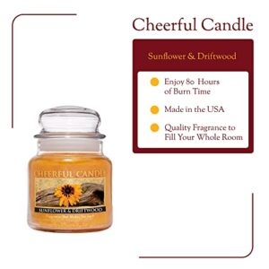 A Cheerful Giver - Sunflower & Driftwood - 16oz Medium Scented Candle Jar with Lid - Cheerful Candle - 80 Hours, Candles Gifts for Women, Yellow