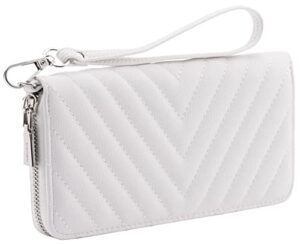 brentano vegan leather slim single-zipper chevron embroidered wallet clutch with removable wrist strap (white)