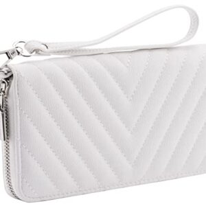 Brentano Vegan Leather Slim Single-Zipper Chevron Embroidered Wallet Clutch with Removable Wrist Strap (WHITE)