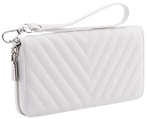 Brentano Vegan Leather Slim Single-Zipper Chevron Embroidered Wallet Clutch with Removable Wrist Strap (WHITE)