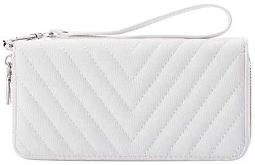 Brentano Vegan Leather Slim Single-Zipper Chevron Embroidered Wallet Clutch with Removable Wrist Strap (WHITE)