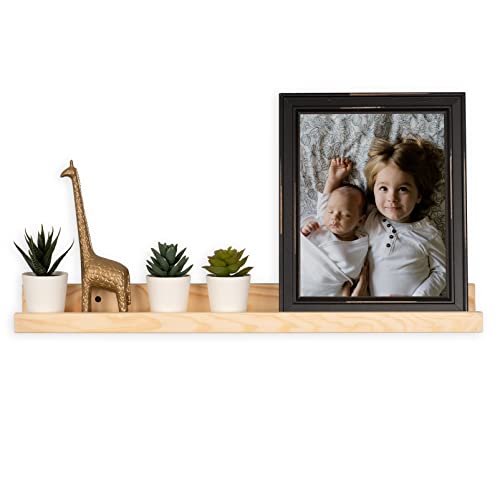 Rustic State Ted Wall Mount Narrow Picture Ledge Photo Frame Display - 24 Inch Floating Wooden Storage Shelf for Living Room Office Kitchen Bedroom Bathroom Décor - Stainable Natural Color