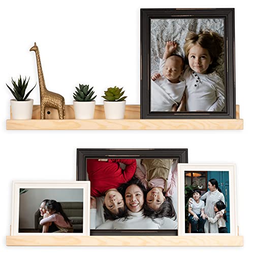 Rustic State Ted Wall Mount Narrow Picture Ledge Photo Frame Display - 24 Inch Floating Wooden Storage Shelf for Living Room Office Kitchen Bedroom Bathroom Décor - Stainable Natural Color