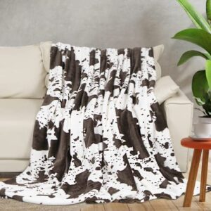 brown cow print throw blanket, soft flannel cozy cow blankets for adults, lightweight fuzzy cow print blanket for couch sofa bed office, throw size warm plush blankets for all season 50×60 inches