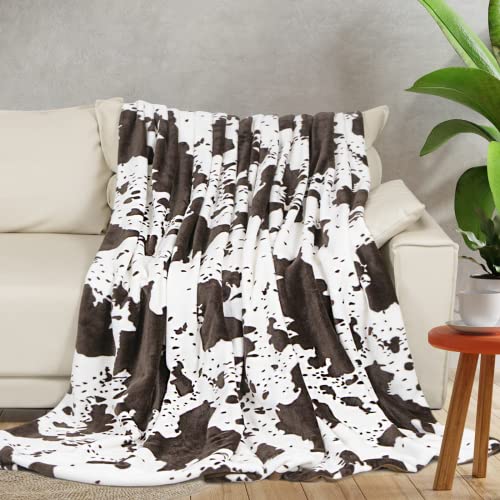 Brown Cow Print Throw Blanket, Soft Flannel Cozy Cow Blankets for Adults, Lightweight Fuzzy Cow Print Blanket for Couch Sofa Bed Office, Throw Size Warm Plush Blankets for All Season 50x60 inches