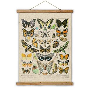 vintage butterflies hanging poster, retro style of wall art prints, printed on linen with wood frames, ready to hang