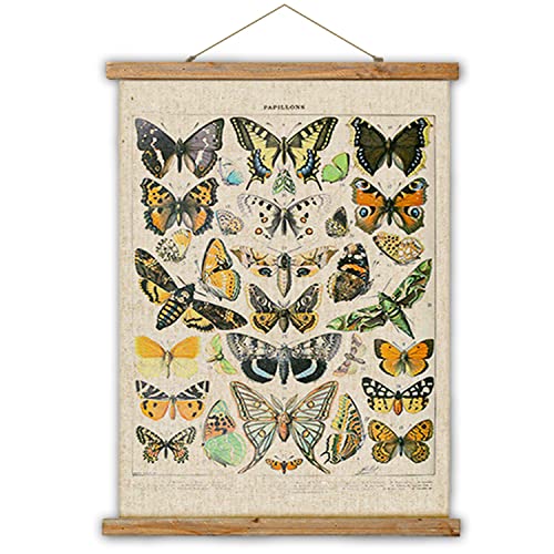 Vintage Butterflies Hanging Poster, Retro Style of Wall Art Prints, Printed on Linen with Wood Frames, Ready to Hang