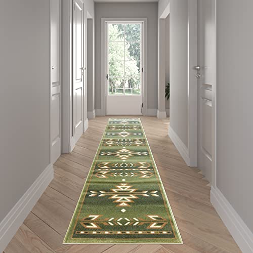 EMMA + OLIVER Reno 2x11 Olefin Accent Rug with Southwestern Geometric Arrow Design in Green, Black, Beige & Ivory and Natural Jute Backing