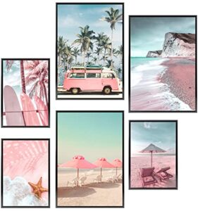 6 set large beach wall art for living room bathroom pink and blue seascape themed picture poster print wall decor beach chairs starfish surfboard palm tree for teens girl home decorations unframed