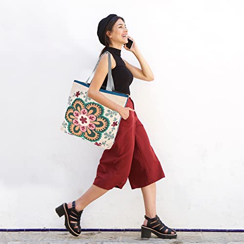 Hibala Tote Handbags for Women Large Embroidered Canvas Shoulder Bag Daily Bag Boho Bag (Mandala pattern)