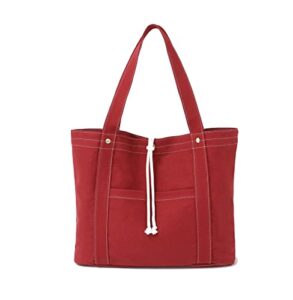 jeelow 16 oz washed canvas tote shoulder bags purse handbag for men & women double handles (red)